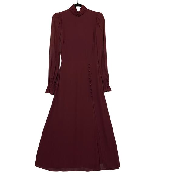 Reformation Stevie Midi Dress Claret Burgundy Mock Neck Side Slit Georgette‎ NWT - Picture 2 of 16